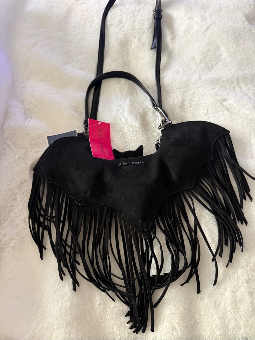 Betsey Johnson VIRAL Black Bat "Winging It "Fringe Shoulder Bag